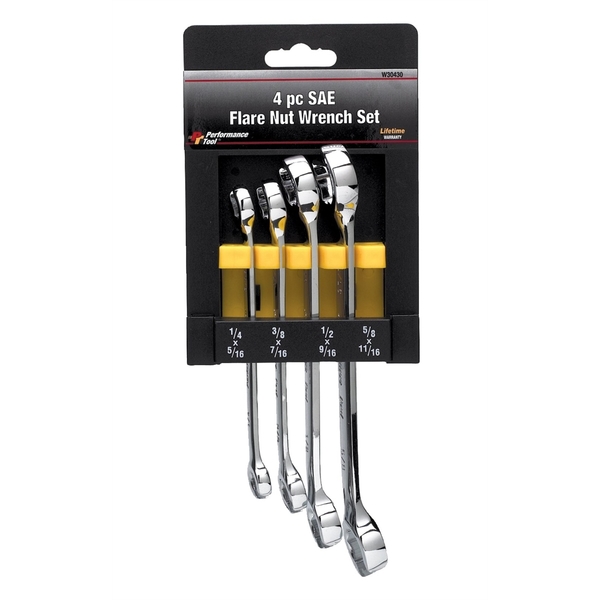 Performance Tool Chrome Flare Nut Wrench Set, 4 Piece, 1/4" to 11/16", Fully Polished W30430